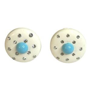 Vintage Celluloid White Light Blue Rhinestone Accents Round Clip On Earrings